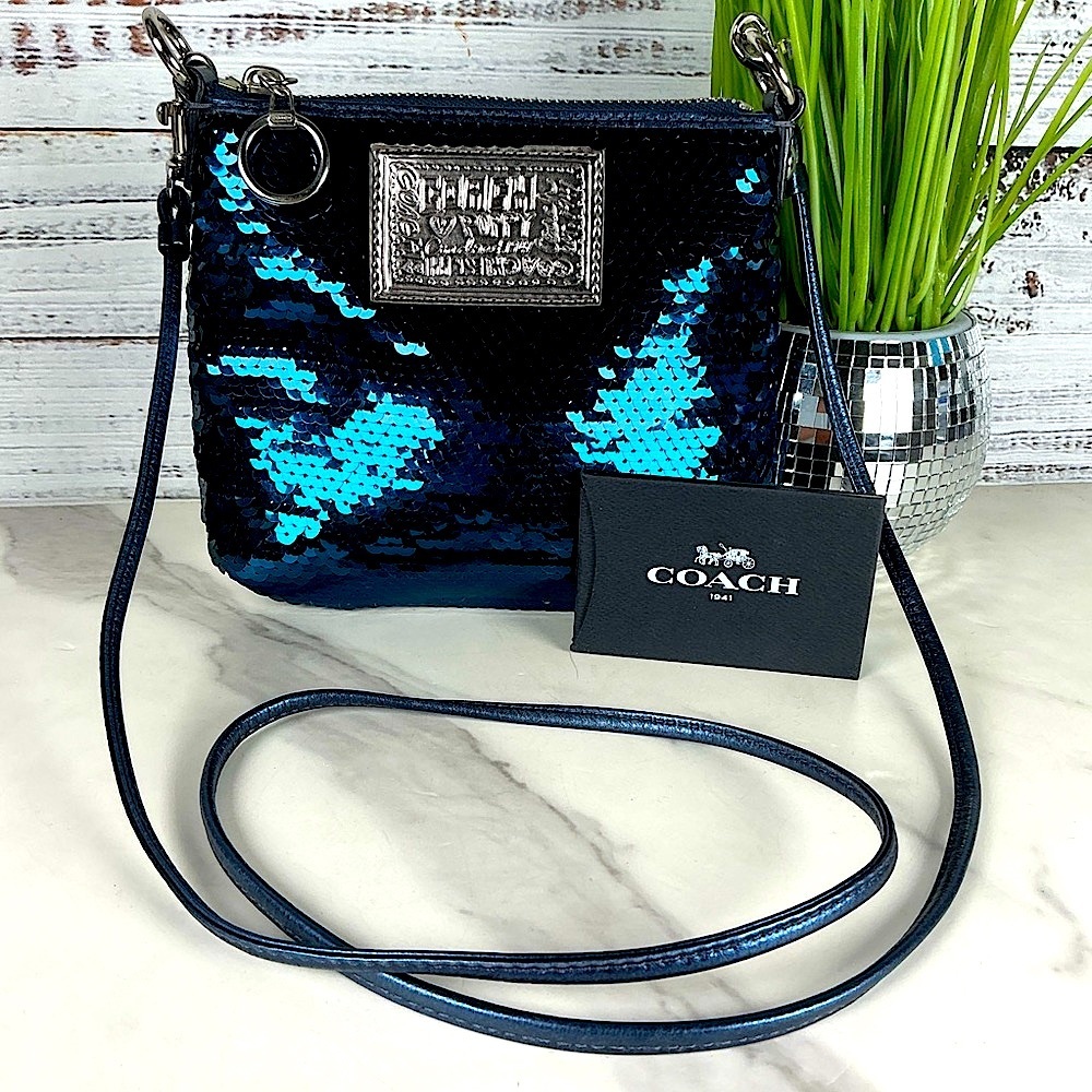 Coach Vintage Poppy Sequins Metallic Blue Sequin‎ Crossbody Bag
